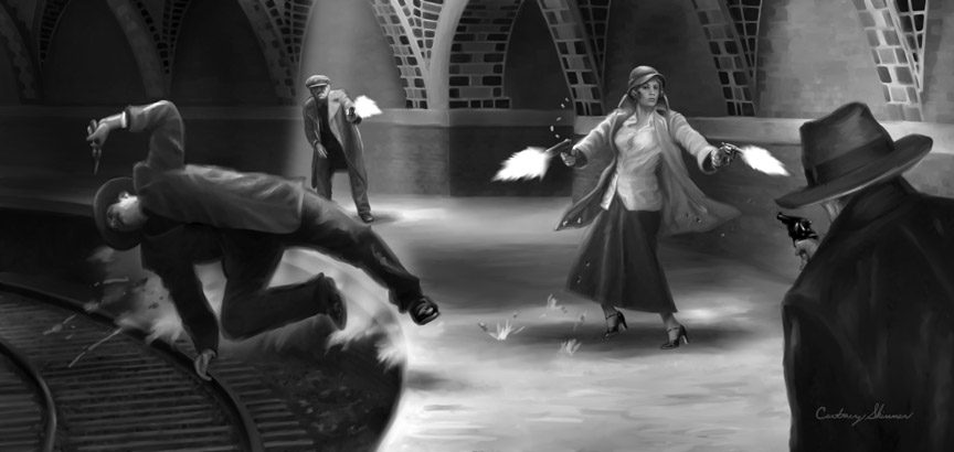 From Moonstone Books, series, "The Spider," the 1930s crime fighter, this story, "The Chaos Maker,"  has a number of shootouts in some of  New York City's abandoned subway stations. In this one, Nita, the Spider's female associate, gives as good as she gets from a group of armed thugs.
